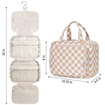 Narwey Hanging Toiletry Bag for Women Travel Makeup Bag Organizer Toiletries Bag for Travel Size Essentials Accessories Cosmetics (Light Checkerboard (Medium))
