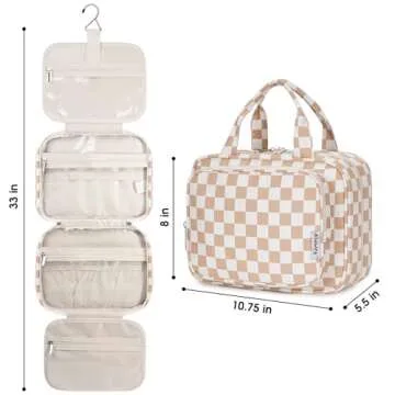 Narwey Hanging Toiletry Bag for Women Travel Makeup Bag Organizer Toiletries Bag for Travel Size Essentials Accessories Cosmetics (Light Checkerboard (Medium))