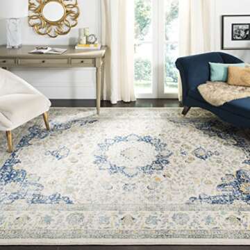 SAFAVIEH Evoke Collection Area Rug - 8' x 10', Ivory & Blue, Shabby Chic Oriental Medallion Design, ...