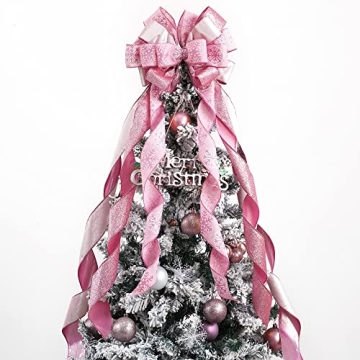 MEEDEE Pink Christmas Tree Topper Bow for Festive Decor