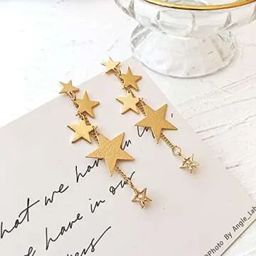 Star Long Tassel Dangle Earrings for Women Shooting Star Earrings Meteor Lucky Star Pearl Drop Earrings Jewelry (Gold)