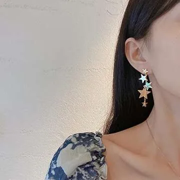 Star Long Tassel Dangle Earrings for Women Shooting Star Earrings Meteor Lucky Star Pearl Drop Earrings Jewelry (Gold)