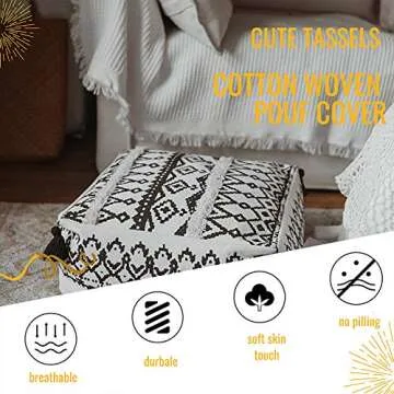 idee-home Unstuffed Pouf Geometric Ottoman, Black Beige Pouf Cover, Boho Floor Pouf for Bedroom Living Room 16"x16"x7"