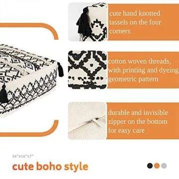 idee-home Unstuffed Pouf Geometric Ottoman, Black Beige Pouf Cover, Boho Floor Pouf for Bedroom Living Room 16"x16"x7"