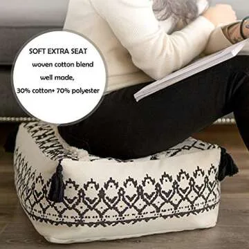 idee-home Unstuffed Pouf Geometric Ottoman, Black Beige Pouf Cover, Boho Floor Pouf for Bedroom Living Room 16"x16"x7"