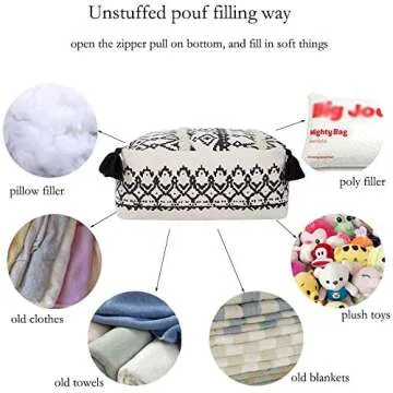 idee-home Unstuffed Pouf Geometric Ottoman, Black Beige Pouf Cover, Boho Floor Pouf for Bedroom Living Room 16"x16"x7"
