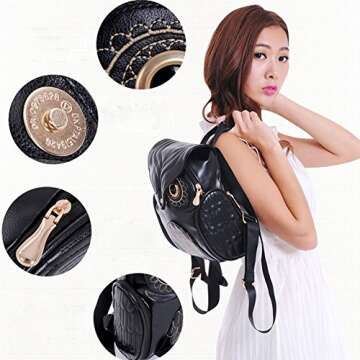 WYSBAOSHU Fashion Owl Backpack Small Casual Daypack for Women Pu Leather Mini Bag (Black)