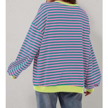 synound Women Striped Color Block Oversized Sweatshirt Crew Neck Long Sleeve Shirt Pullover Top Casual Loose Fit Sweater Pink Green