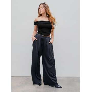 CIDER Wide Leg Palazzo Pants for Women with Pockets Elastic Business Causal Pants Women Summer for Beach Travel Trousers Black