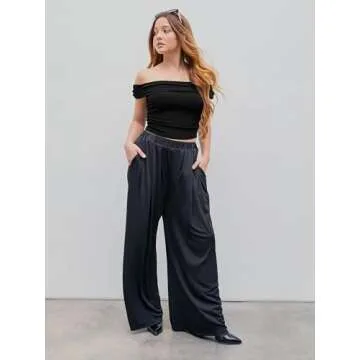 CIDER Wide Leg Palazzo Pants for Women with Pockets Elastic Business Causal Pants Women Summer for Beach Travel Trousers Black