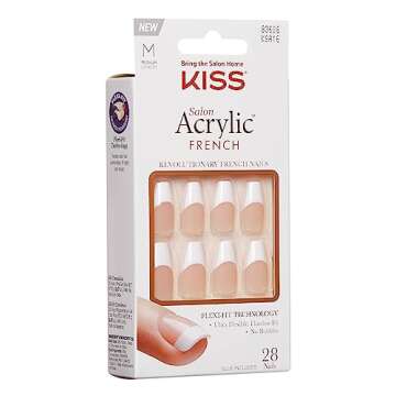 KISS Salon Acrylic French Nail Manicure Set, Medium Length, Square, “Je T'aime”, Nail Kit Includes Pink Gel Nail Glue (Net Wt. 2 g / 0.07oz.), Mini File, Manicure Stick, and 28 Fake Nails