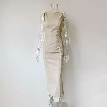 XLLAIS Women's Faux PU Leather Bodycon Maxi Dress Sexy Boatneck Tank Long Dresses (Beige, Medium)