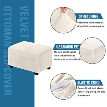 H.VERSAILTEX Ottoman Covers Slipcover Rectangle Real Velvet Plush 1 Piece Form Fit Stretch Folding Storage Covers Ottoman Slipcovers Removable Footrest Covers Elastic Bottom Washable(Large, Ivory)