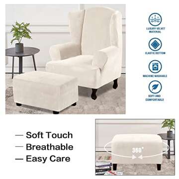 H.VERSAILTEX Ottoman Covers Slipcover Rectangle Real Velvet Plush 1 Piece Form Fit Stretch Folding Storage Covers Ottoman Slipcovers Removable Footrest Covers Elastic Bottom Washable(Large, Ivory)