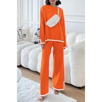 PRETTYGARDEN Women's 2 Piece Knit Sweater Set Casual Long Sleeve Pullover Wide Leg Pants Sweatsuit Tracksuit Outfit (Orange,Large)