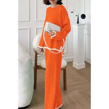 PRETTYGARDEN Women's 2 Piece Knit Sweater Set Casual Long Sleeve Pullover Wide Leg Pants Sweatsuit Tracksuit Outfit (Orange,Large)
