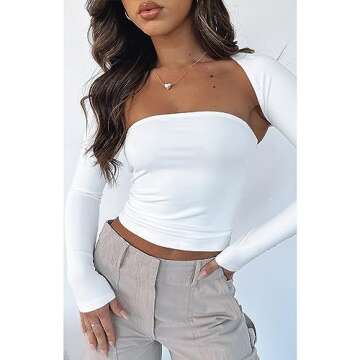 zhaistar Long Sleeve Crop Tops for Women 2 Piece Y2K Going Out Casual Slim Fitted Basic Tight Tee Shirts 2024 Trendy Clothes White XS