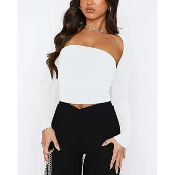 zhaistar Long Sleeve Crop Tops for Women 2 Piece Y2K Going Out Casual Slim Fitted Basic Tight Tee Shirts 2024 Trendy Clothes White XS