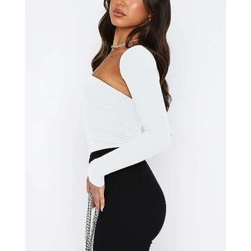 zhaistar Long Sleeve Crop Tops for Women 2 Piece Y2K Going Out Casual Slim Fitted Basic Tight Tee Shirts 2024 Trendy Clothes White XS