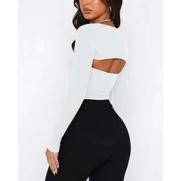 zhaistar Long Sleeve Crop Tops for Women 2 Piece Y2K Going Out Casual Slim Fitted Basic Tight Tee Shirts 2024 Trendy Clothes White XS