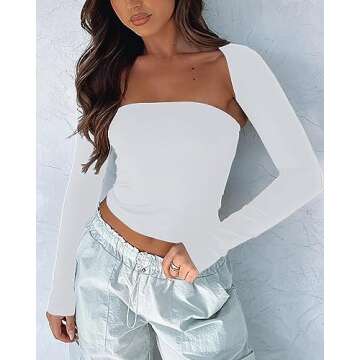 zhaistar Long Sleeve Crop Tops for Women 2 Piece Y2K Going Out Casual Slim Fitted Basic Tight Tee Shirts 2024 Trendy Clothes White XS