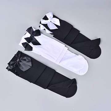 3 Pairs Womens Girls Solid Color Striped Over The Knee High Stockings Socks bows Tie Lace(CTW12)