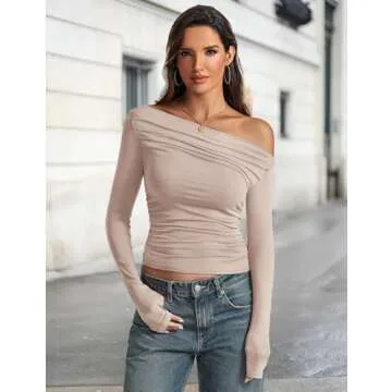 Meetrendi Women Sexy Off Shoulder Top Slim Fit Long Sleeve Asymmetrical Neck T Shirts Y2K Going Out Tee Tight Shirts Apricot