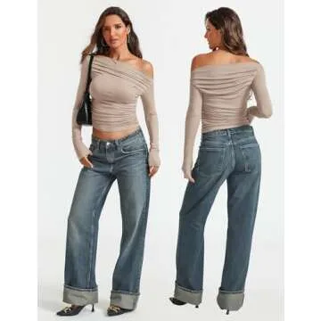 Meetrendi Women Sexy Off Shoulder Top Slim Fit Long Sleeve Asymmetrical Neck T Shirts Y2K Going Out Tee Tight Shirts Apricot