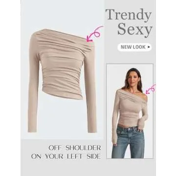 Meetrendi Women Sexy Off Shoulder Top Slim Fit Long Sleeve Asymmetrical Neck T Shirts Y2K Going Out Tee Tight Shirts Apricot