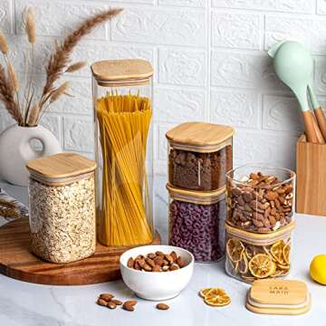 Laramaid 27oz 6Packs Square Glass Jars Set with Minimalist Pantry Labels, Square Pantry Jars with Ba...