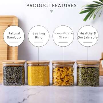 Laramaid 27oz 6Packs Square Glass Jars Set with Minimalist Pantry Labels, Square Pantry Jars with Bamboo Lids and White Customized Sticker Labels, Food Storage Containers for Home