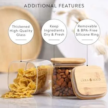Laramaid 27oz 6Packs Square Glass Jars Set with Minimalist Pantry Labels, Square Pantry Jars with Bamboo Lids and White Customized Sticker Labels, Food Storage Containers for Home