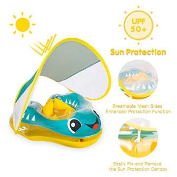BATURU Baby Pool Float with Canopy, UPF 50+ Sun Protection, Add Tail No Flip Baby Swim Float, Inflatable Baby Floatie with Safety Support Bottom, Baby Floats for Pool 12-24 Months