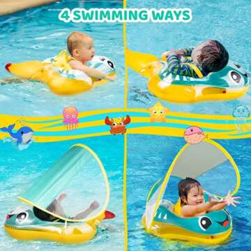 BATURU Baby Pool Float with Canopy, UPF 50+ Sun Protection, Add Tail No Flip Baby Swim Float, Inflatable Baby Floatie with Safety Support Bottom, Baby Floats for Pool 12-24 Months