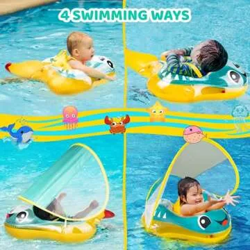 BATURU Baby Pool Float with Canopy, UPF 50+ Sun Protection, Add Tail No Flip Baby Swim Float, Inflatable Baby Floatie with Safety Support Bottom, Baby Floats for Pool 12-24 Months