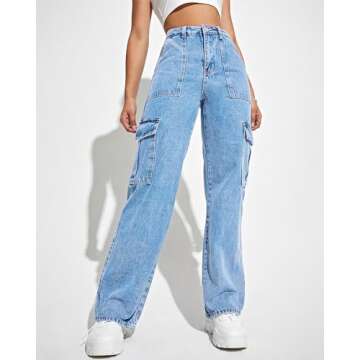 Flvsun Women's Cargo Pants High Waisted Baggy Cargo Jeans Straight Leg Y2K Streetwear Trousers with 6 Pockets for Women Teen Girl Blue S.