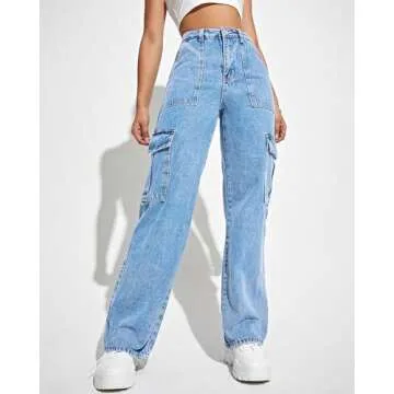 Flvsun Women's Cargo Pants High Waisted Baggy Cargo Jeans Straight Leg Y2K Streetwear Trousers with 6 Pockets for Women Teen Girl Blue S.