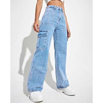 Flvsun Women's Cargo Pants High Waisted Baggy Cargo Jeans Straight Leg Y2K Streetwear Trousers with 6 Pockets for Women Teen Girl Blue S.