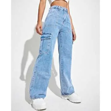 Flvsun Women's Cargo Pants High Waisted Baggy Cargo Jeans Straight Leg Y2K Streetwear Trousers with 6 Pockets for Women Teen Girl Blue S.