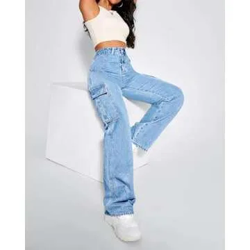 Flvsun Women's Cargo Pants High Waisted Baggy Cargo Jeans Straight Leg Y2K Streetwear Trousers with 6 Pockets for Women Teen Girl Blue S.