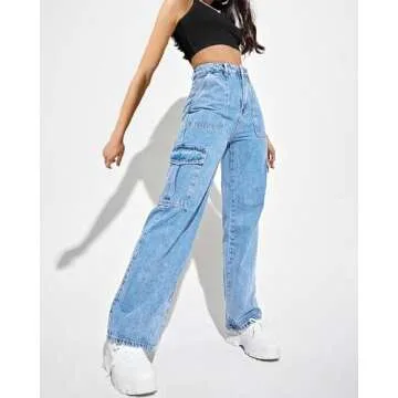 Flvsun Women's Cargo Pants High Waisted Baggy Cargo Jeans Straight Leg Y2K Streetwear Trousers with 6 Pockets for Women Teen Girl Blue S.