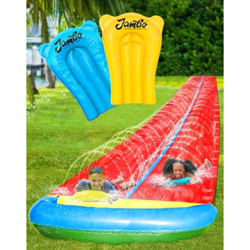 JAMBO 24Ft XL Slip Splash and Slide with Inflatable Crash Pad and 2 Bodyboards, Heavy Duty Lawn Wate...
