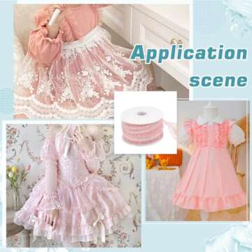 FINGERINSPIRE 10 Yards Double Ruffle Lace Trim Pink 3/4 inch Wide Ruffle Stretch Elastic Edging Trim Pleated Fabric Lace Ribbon for DIY Dress Headwear Decoration and Gift Wrapping