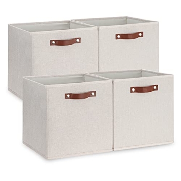 Temary Fabric Storage Cubes with Leather Handles - 4 Pack Baskets for Home Organization