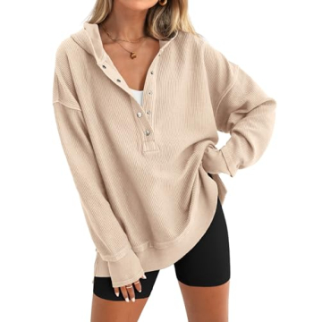 PRETTYGARDEN Womens Fashion 2024 Long Sleeve Hoodie Oversized Button Up V Neck Sweatshirt Side Slit ...