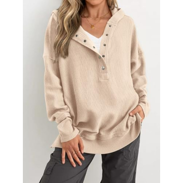 PRETTYGARDEN Womens Fashion 2024 Long Sleeve Hoodie Oversized Button Up V Neck Sweatshirt Side Slit Casual Pullover Tops(Beige,Medium)
