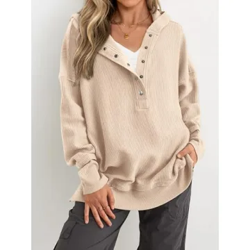 PRETTYGARDEN Womens Fashion 2024 Long Sleeve Hoodie Oversized Button Up V Neck Sweatshirt Side Slit Casual Pullover Tops(Beige,Medium)