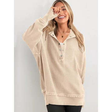 PRETTYGARDEN Womens Fashion 2024 Long Sleeve Hoodie Oversized Button Up V Neck Sweatshirt Side Slit Casual Pullover Tops(Beige,Medium)