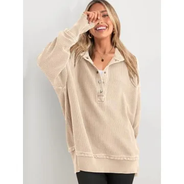 PRETTYGARDEN Womens Fashion 2024 Long Sleeve Hoodie Oversized Button Up V Neck Sweatshirt Side Slit Casual Pullover Tops(Beige,Medium)