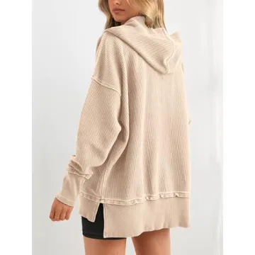 PRETTYGARDEN Womens Fashion 2024 Long Sleeve Hoodie Oversized Button Up V Neck Sweatshirt Side Slit Casual Pullover Tops(Beige,Medium)